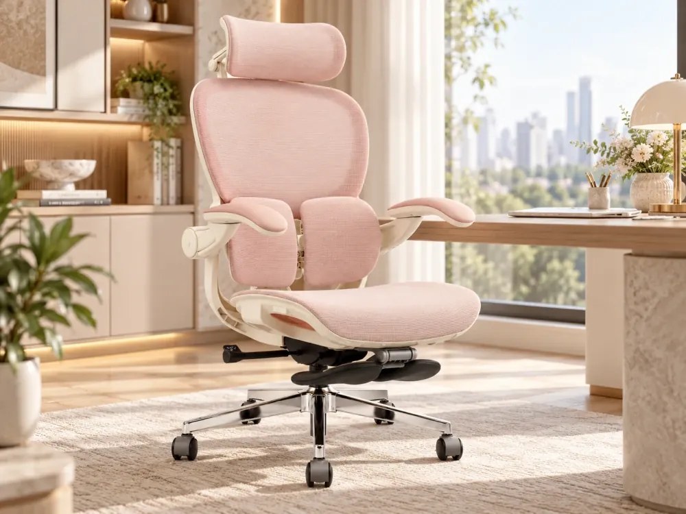 Scaun ergonomic ANEW ARYSE D5, Suport lombar dual 360°, Tetieră 4D, Șezut Zero-Pressure Frameless Mesh, Cotiere Flip-Back 4 poziții, Reclinare 135°, Suport picioare, Roz