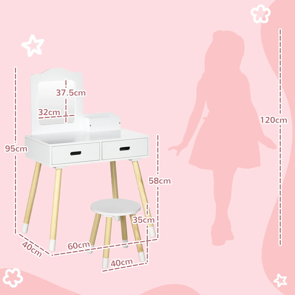 ZONEKIZ Set Toaletă pentru Copii din Lemn, Masă de Machiaj cu Oglindă, 2 Sertare și Scăunel, 60x40x95 cm, Alb | Aosom Romania