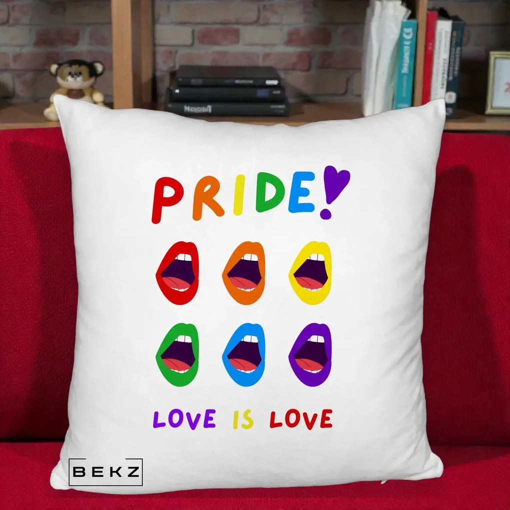 Perna Personalizata Pride Love is Love Curcubeu, 40x40 cm, Alb Pufos, Husa Detasabila, Perna Inclusa, BEKZ®