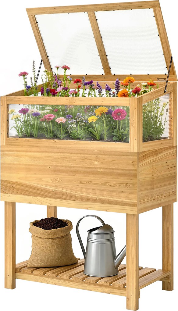 Outsunny Jardinieră înaltă cu seră din lemn, ladă de plantare ridicată cu capac rabatabil, raft, material nețesut, ergonomic | Aosom Romania