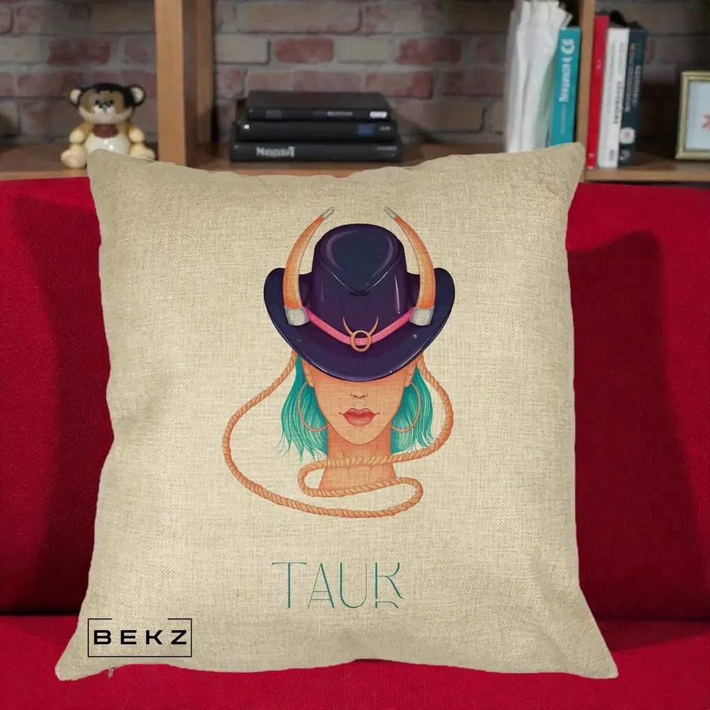 Perna Personalizata Zodie Taur, 40x40 cm, Crem, Husa Detasabila, Perna Inclusa, BEKZ®