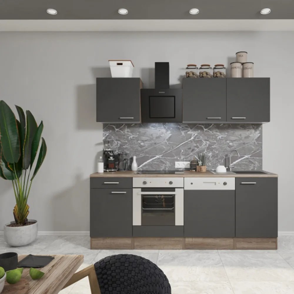 Mobilă de bucătărie Yorki 220, corp din stejar Yorki, față antracit satinat cu element inferior al cuptorului