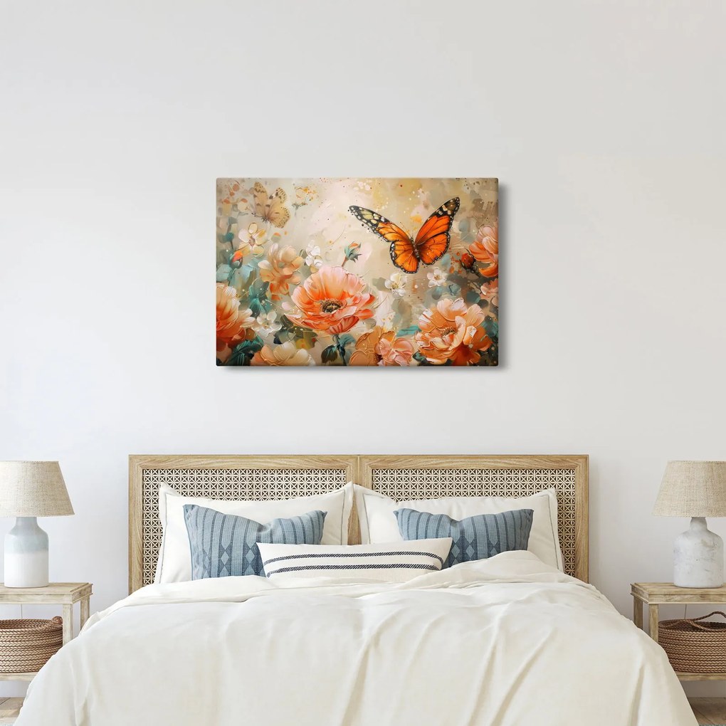 Tablou - Fluture și flori, pictură în ulei (90x60 cm)