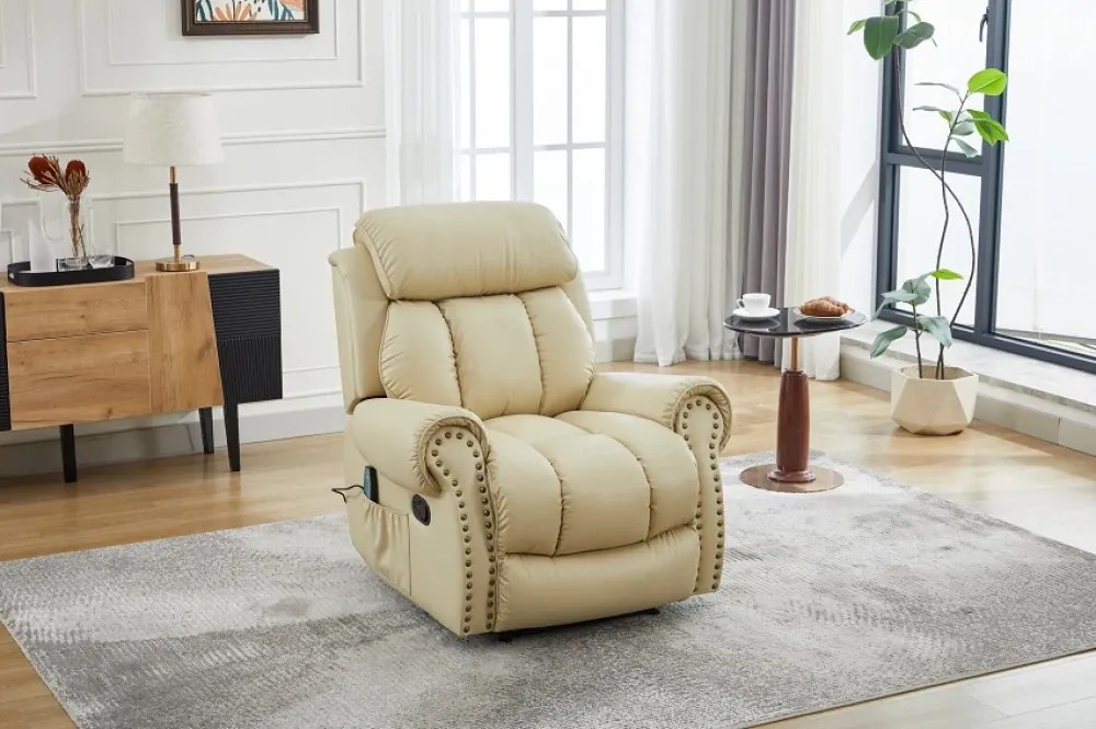 Fotoliu Masaj si Incalzire, Recliner, suport picioare extensibil, Air PU Premium, Bej deschis