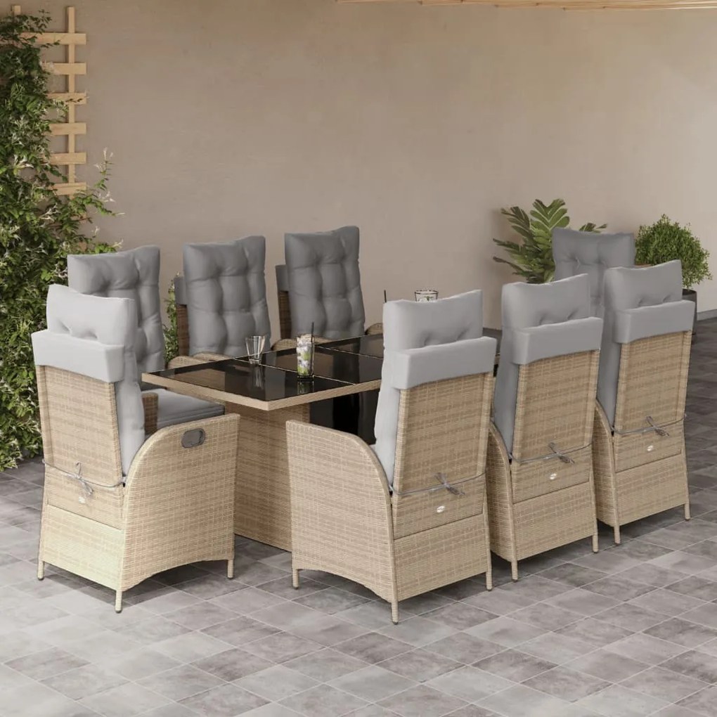 vidaXL Set de masă pentru grădină, 9 piese, cu perne, bej, poliratan