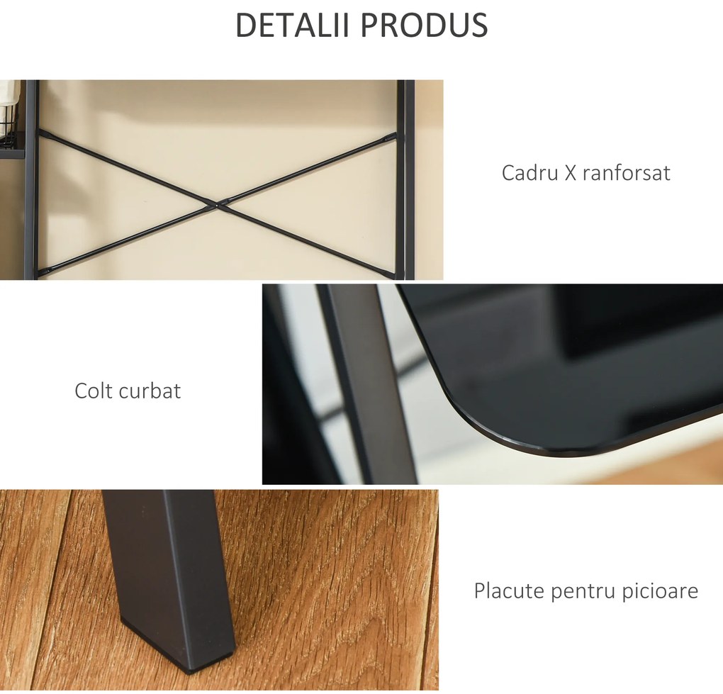 HOMCOM Birou pentru camera si birou cu raft 3 rafturi, birou modern din sticla si metal, 126x45x86.7cm, negru