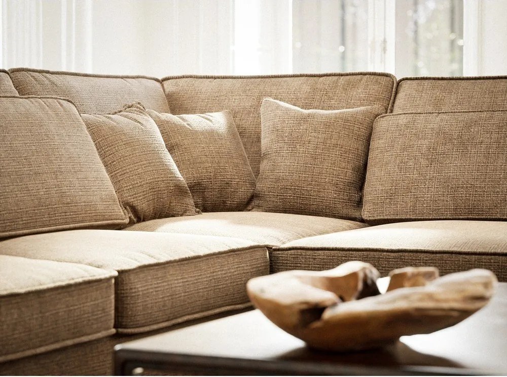 Colțar maro deschis cu tapițerie din chenille (cu colț pe partea dreaptă/în formă de ”L”) Kirou – Maison de Rêve