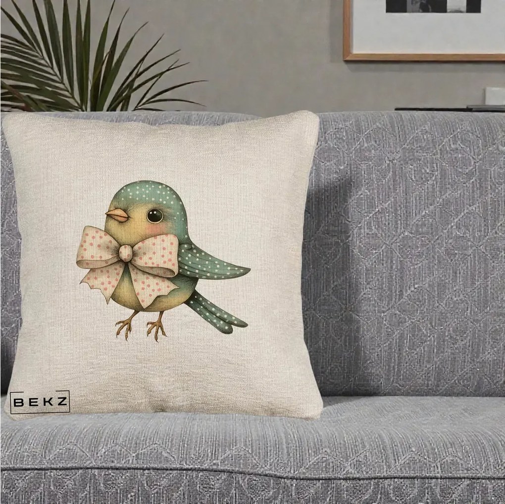 Perna Decorativa Pasare Teal cu Fundita cu Buline, 40x40 cm, Bej Canapea, Husa Detasabila, Perna Inclusa, BEKZ®
