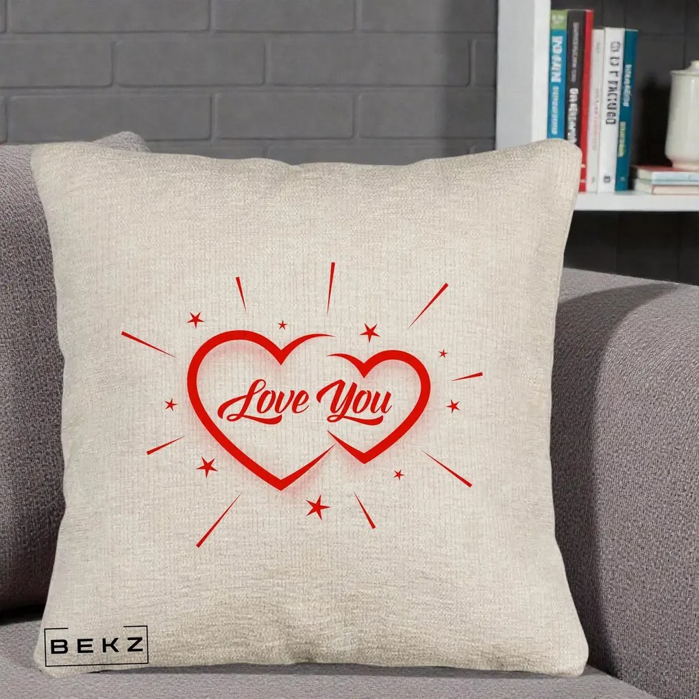 Cadou Romantic - Perna Personalizata Love You Doua Inimi, 40x40 cm, Bej Canapea, Husa Detasabila, Perna Inclusa, BEKZ®