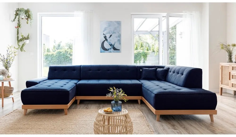 Canapea extensibilă în formă de "U" cu șezlong pe partea dreaptă Miuform Dazzling Daisy, albastru petrol