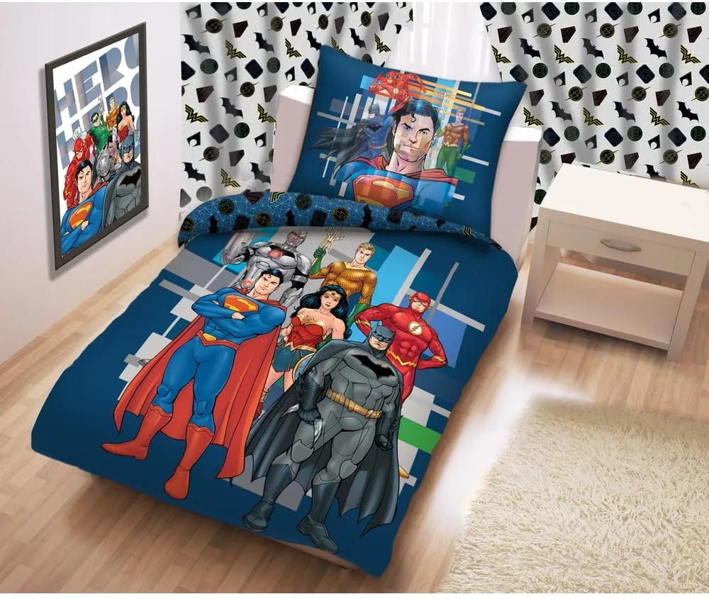 Lenjerie de pat din bumbac pentru copii Halantex Justice League, 140 x 200 cm, albastru