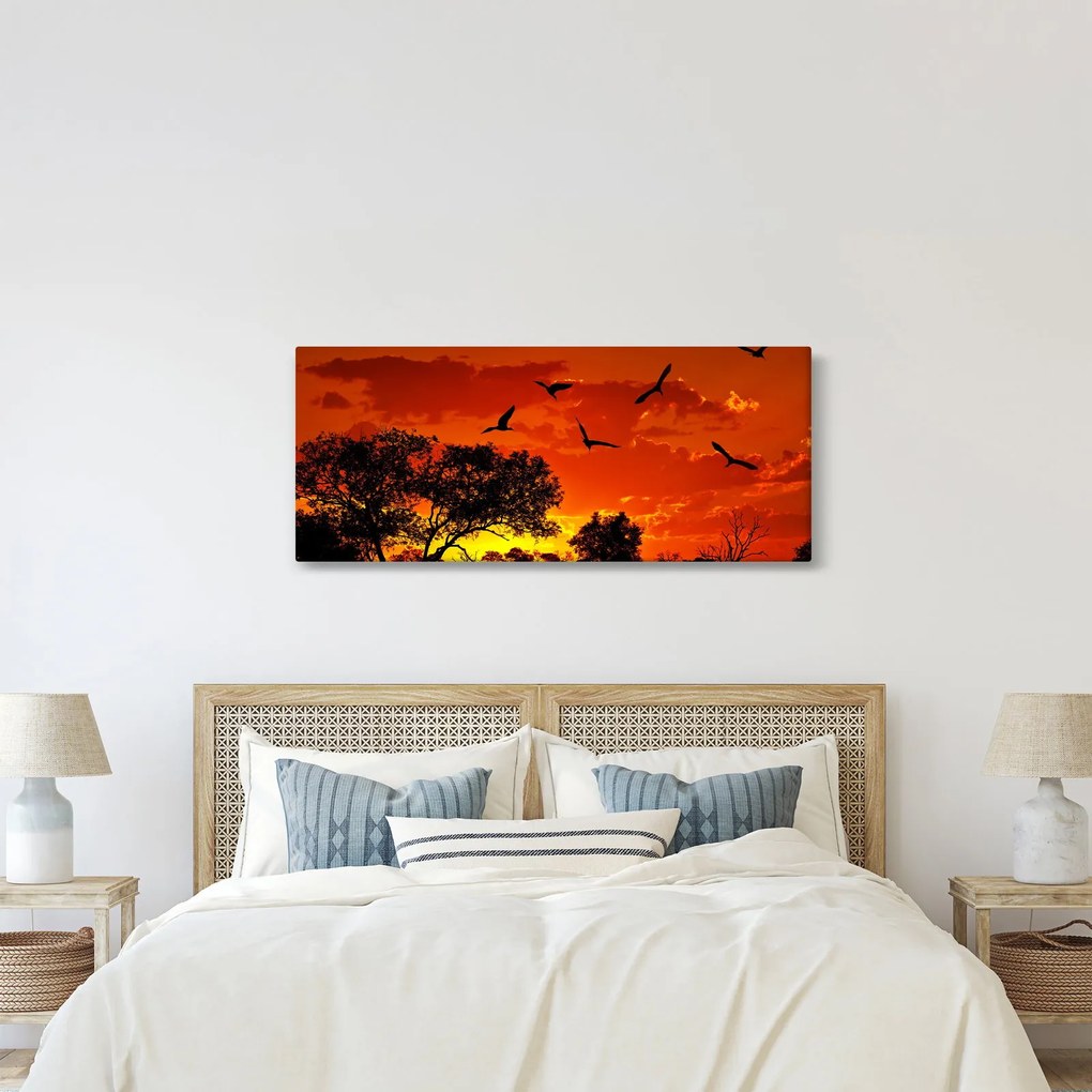 Tablou cu păsări în apus de soare (120x50 cm)