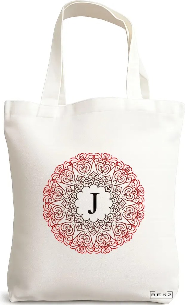 Sacosa de Panza pentru Cumparaturi, Geanta Tote, Cu litera J si Mandala, 38x34.5 cm, Alba, BEKZ®