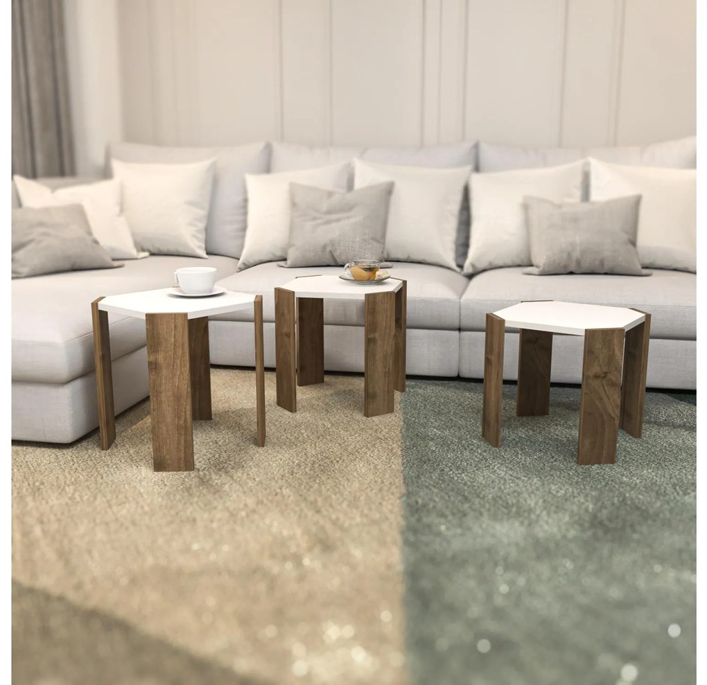 Set 3 măsuțe cafea Lorizolla (alb + nuc). 1106451
