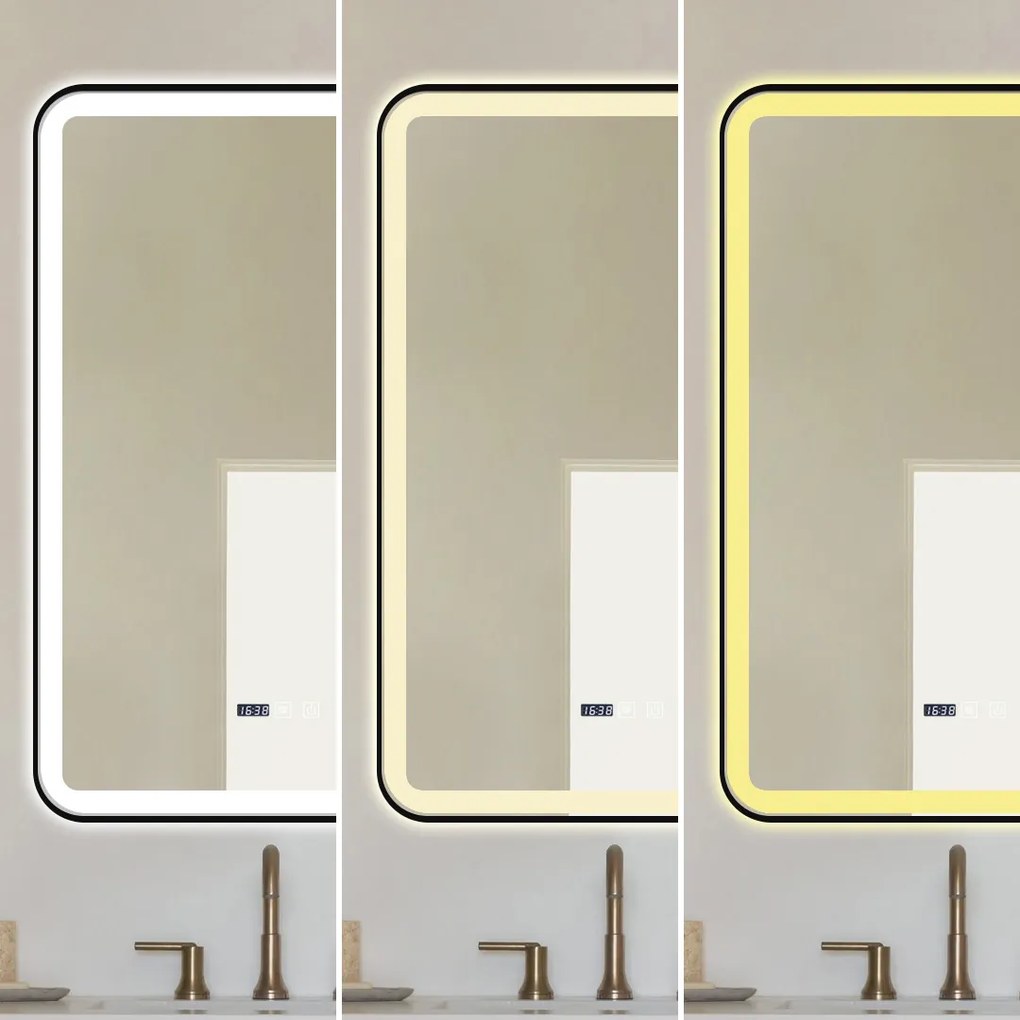 Oglindă Baie LED și Dezaburire Elit's Premium cu Senzor Touch, Lumina Rece, Caldă și Neutră, 60x90cm, cu rama Negru Antichizat, Ceas