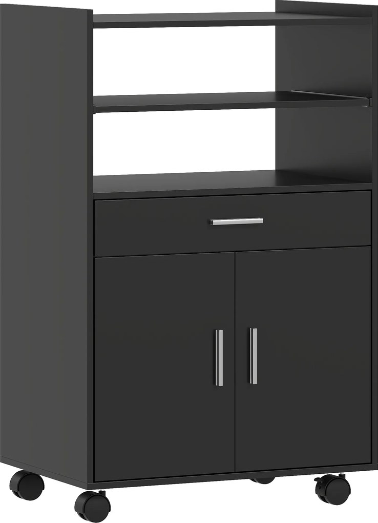 HOMCOM Dulap pentru Cuptorul cu Microunde cu Roți, Bufet de Bucătărie cu Sertar, Blat pentru Aparate, Dulap cu 2 Uși, Raft Retractabil și Raft Deschis, Cărucior de Bucătărie pentru Sufragerie, 59x40x92cm, Negru | Aosom Romania