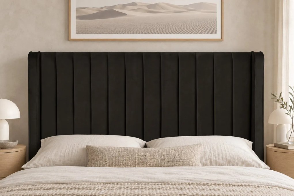Pat tapițat din catifea Aurelia Simple 120×200 cm, negru, cu ladă de depozitare