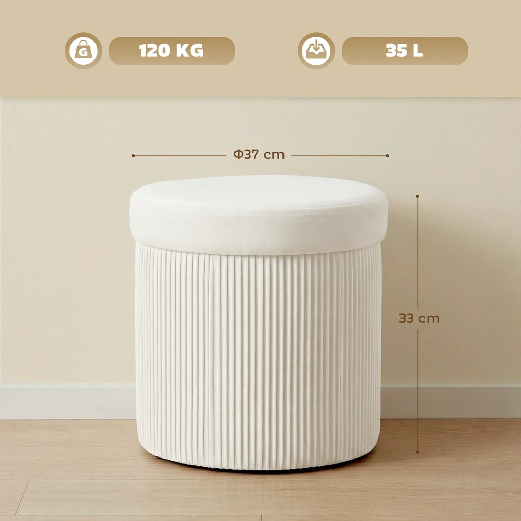 HOMCOM Puf depozitare Bancă depozitare pliabilă 35 L 38x38x38 cm Tapițerie din Catifea Cufăr de Depozitare Rotund Crem | Aosom Romania