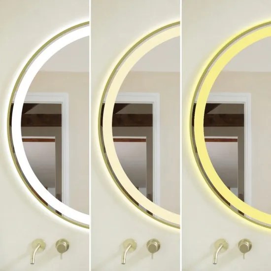Oglindă Baie LED și Dezaburire Elit's Premium cu Senzor Touch, Lumina Rece, Caldă și Neutră, 70cm,rama Gold