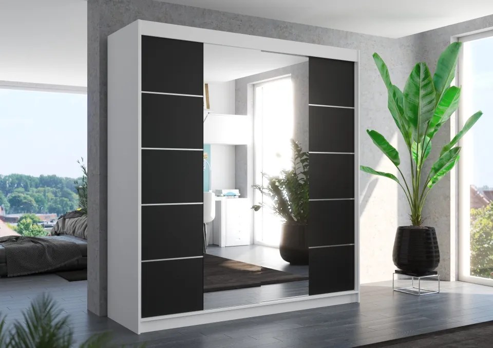 Dulap cu uși glisante DALMATIA – cu oglindă – 200x58x215 cm – Alb / Negru