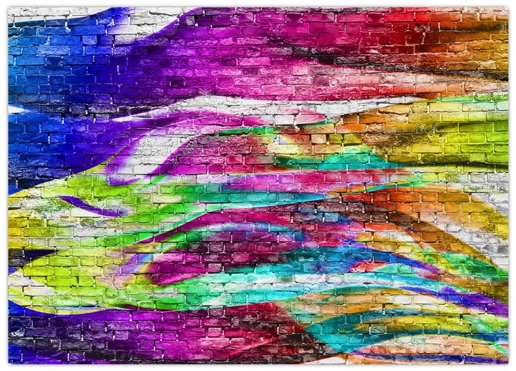 Tablou - Zid de cărămidă cu flăcări colorate (70x50 cm)