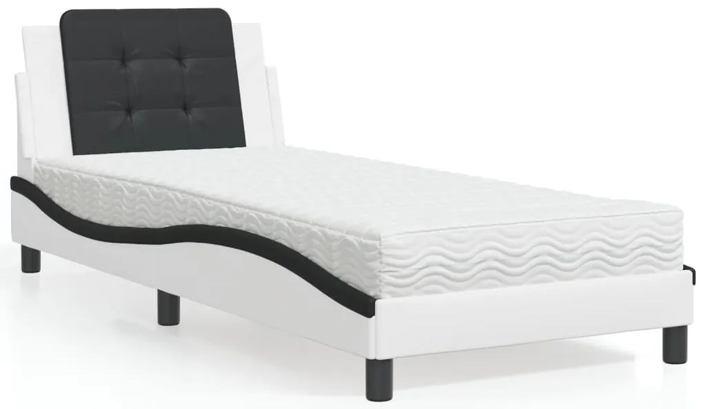 vidaXL Pat cu saltea, alb și negru, 90x200 cm, piele ecologică