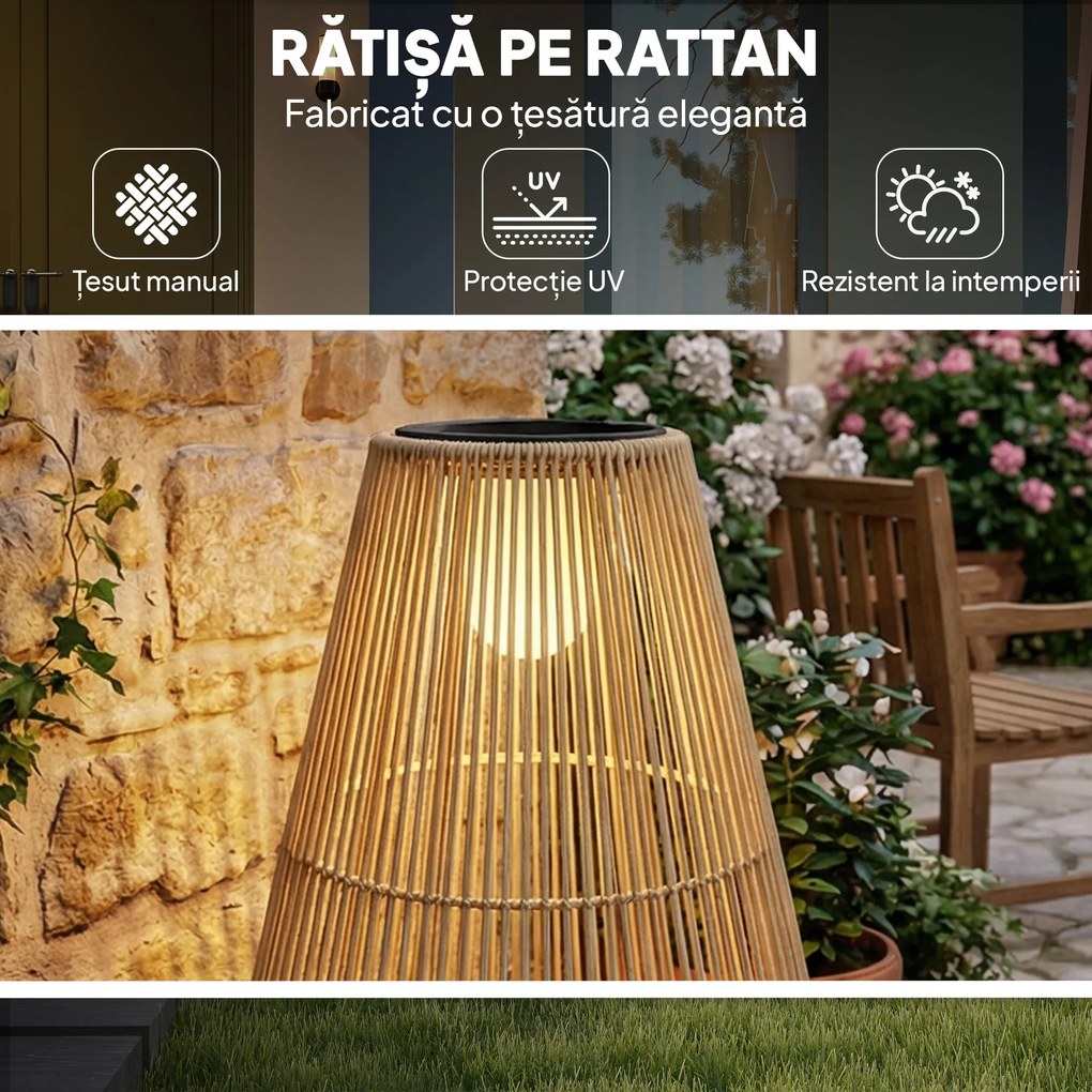 Outsunny Lampă Solară din Ratan, Lanternă de Grădină cu Aprindere/Oprire Automată, IP44, Impermeabilă și Decorativă, pentru Terasă, Verandă, Patio, 35x35x55 cm, Galben | Aosom Romania