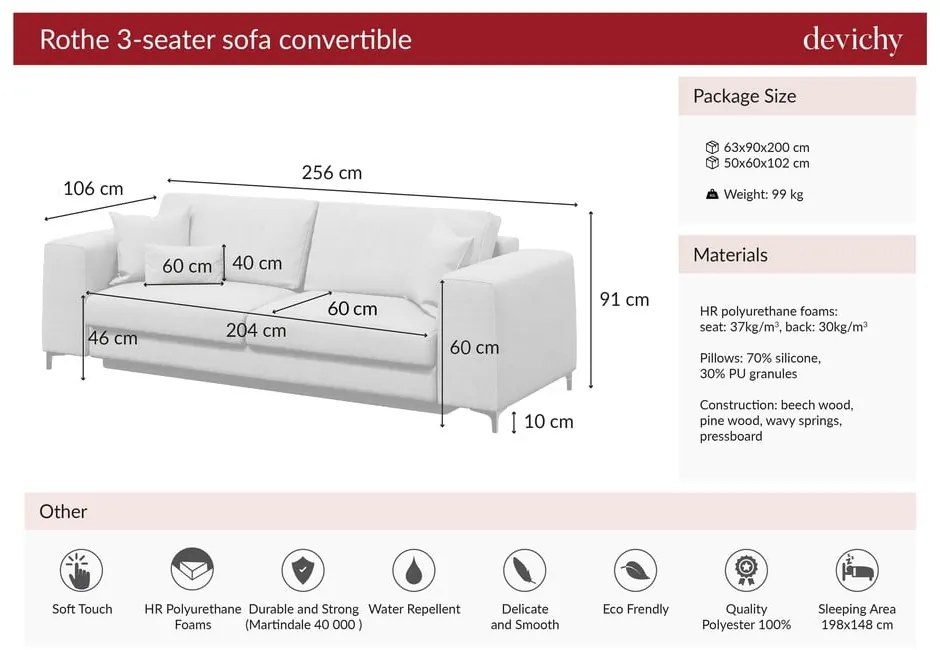 Canapea extensibilă devichy Rothe, 256 cm, bej deschis