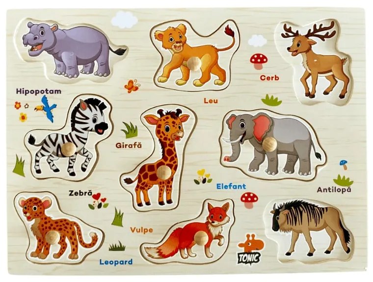 Puzzle incastru din lemn cu butoni in limba romana animale salbatice JC35