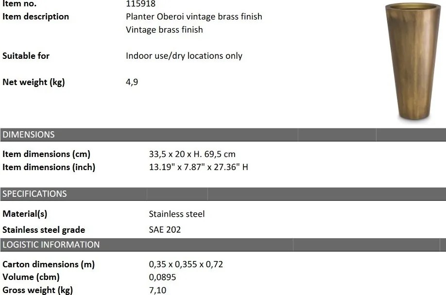Ghiveci, Vas decorativ din otel inoxidabil Oberoi alama vintage