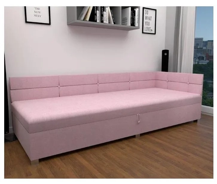 Pat tapițat AMSTERDAM 90x200 cm, cu tăblie reversibilă și spațiu de depozitare, roz