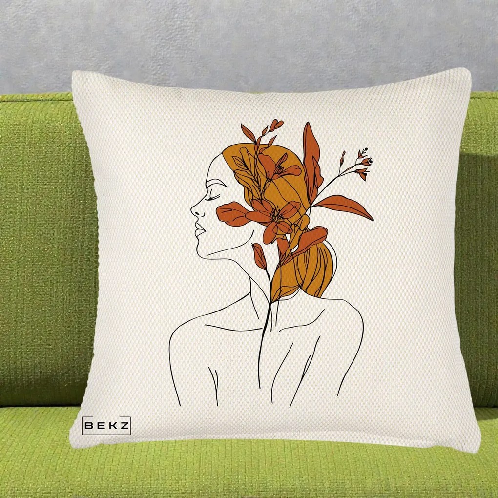 Perna Decorativa Portret Feminin Crin Ruginiu Auriu, 40x40 cm, Crem Reliefat, Husa Detasabila, Perna Inclusa, BEKZ®