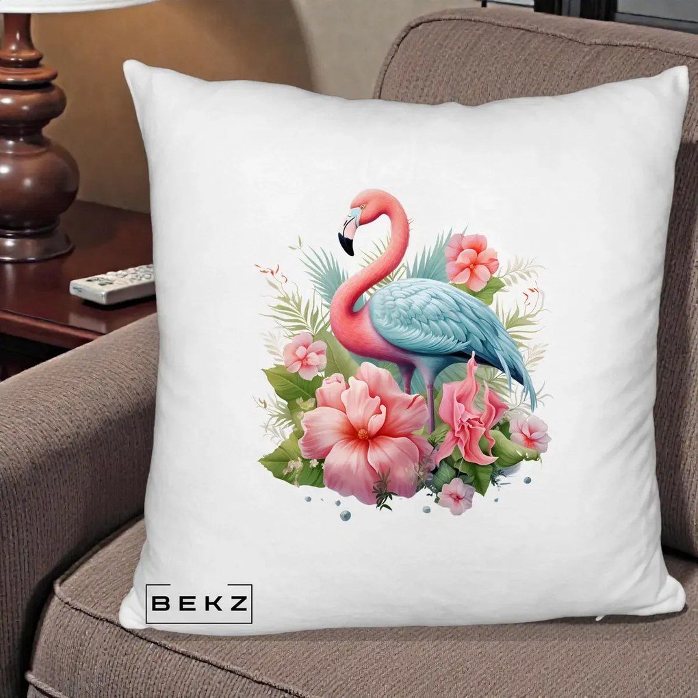 Perna Decorativa Flamingo cu Hibiscus Tropical, 40x40 cm, Alb Pufos, Husa Detasabila, Perna Inclusa, BEKZ®