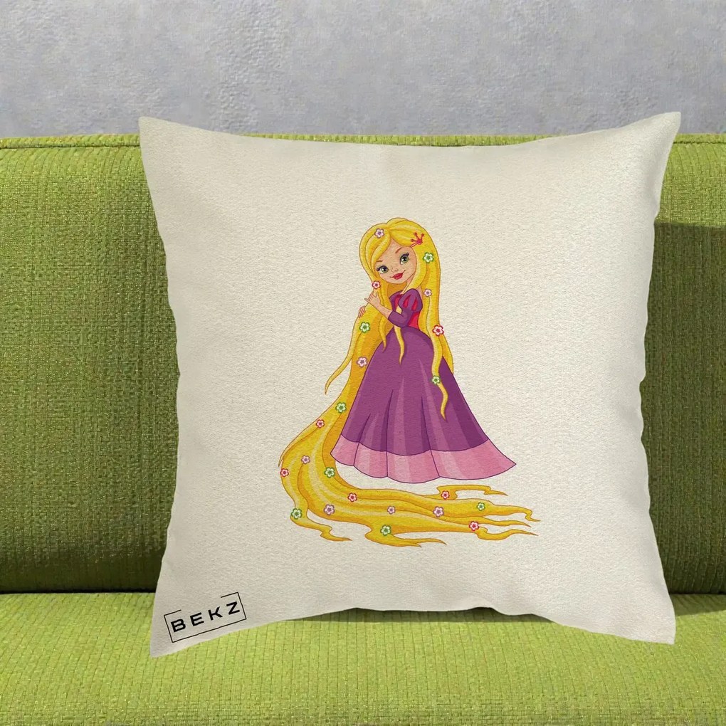 Perna Personalizata Rapunzel Par Lung Floral, 40x40 cm, Ecru, Husa Detasabila, Perna Inclusa, BEKZ®