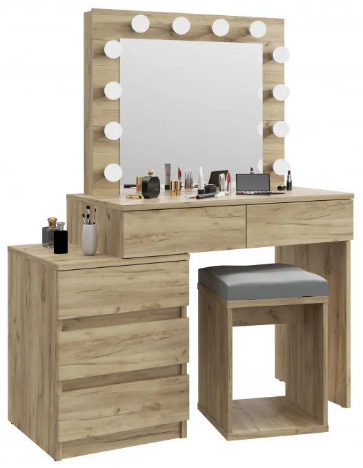 SEM510 - Set Masa toaleta, 112 cm, cosmetica machiaj, masuta vanity, oglinda cu LED-uri cu sau fără Priza, cu sau fara scaun - Culoarea Stejar