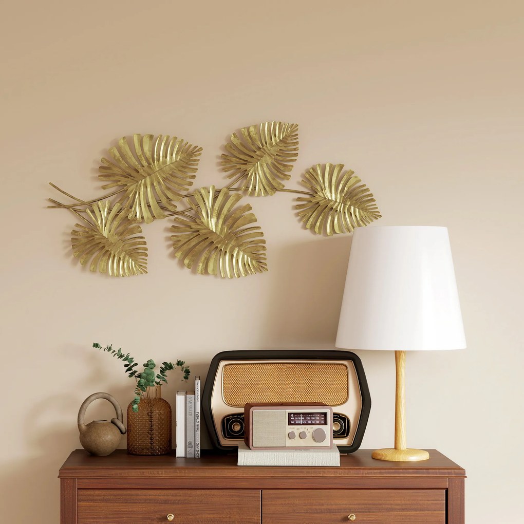 HOMCOM Artă Murală cu 5 Frunze de Monstera și Accesorii pentru Montaj Incluse, Decorațiuni Murale din Metal, 83x2.5x39 cm, culoare Aurie | Aosom Romania