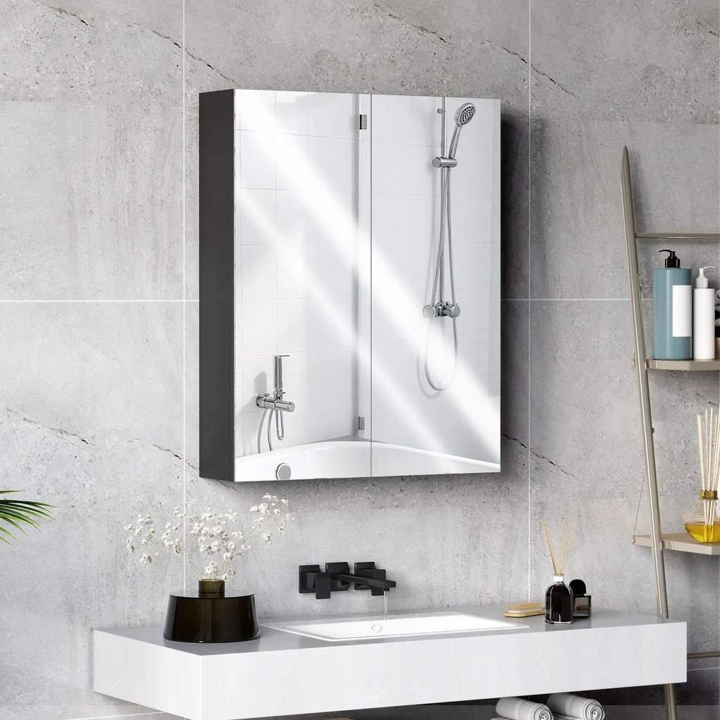 HOMCOM Dulap Suspendat de Baie cu 2 Uși cu Oglindă și 2 Rafturi Interne 60x15x75cm, Negru | Aosom Romania