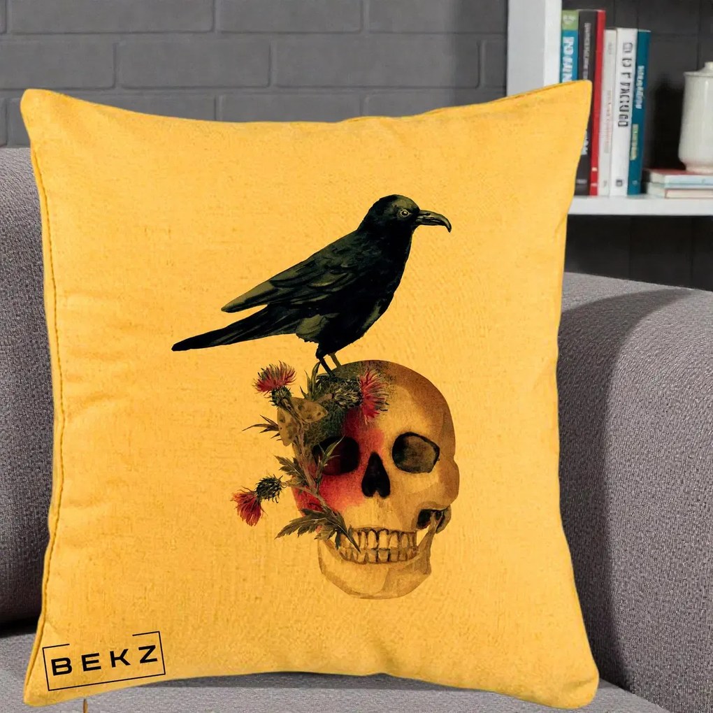 Perna Decorativa Craniu cu Corb si Flori Gothic, 40x40 cm, Galben, Husa Detasabila, Perna Inclusa, BEKZ®