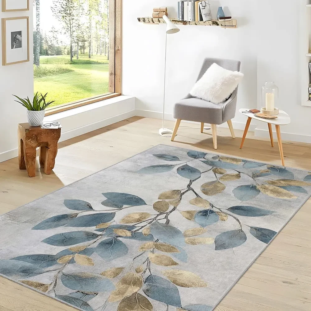 Covor tip traversă albastru deschis/auriu lavabil 80x200 cm Golden Leaves – Mila Home