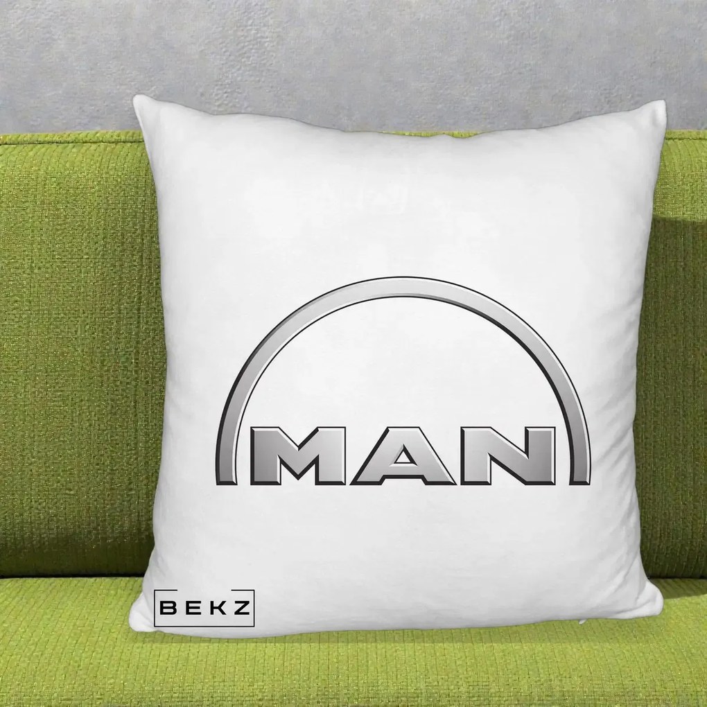 Perna Personalizata cu emblema MAN, 40x40 cm, Alb Pufos, Husa Detasabila, Perna Inclusa, BEKZ®