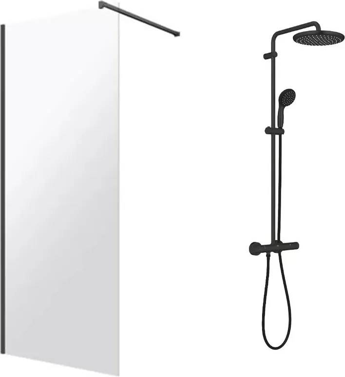 Pachet paravan dus Walk-In Omnires Marina negru 110x200 cm si coloana de dus Grohe Vitalio Start negru