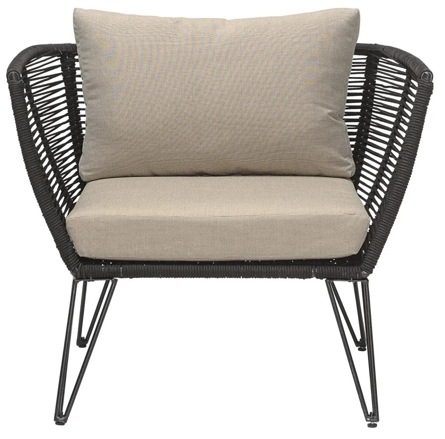 Fotoliu de exterior, negru, din metal, cu perne bej incluse, Mundo