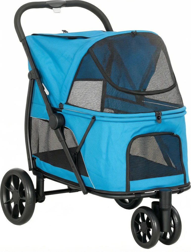 PawHut Cărucior pentru câini pliabil cu 3 roți Ferestre din plasă Pernă lavabilă Off-road Capacitate 20 kg 92x63x95 cm Albastru | Aosom Romania