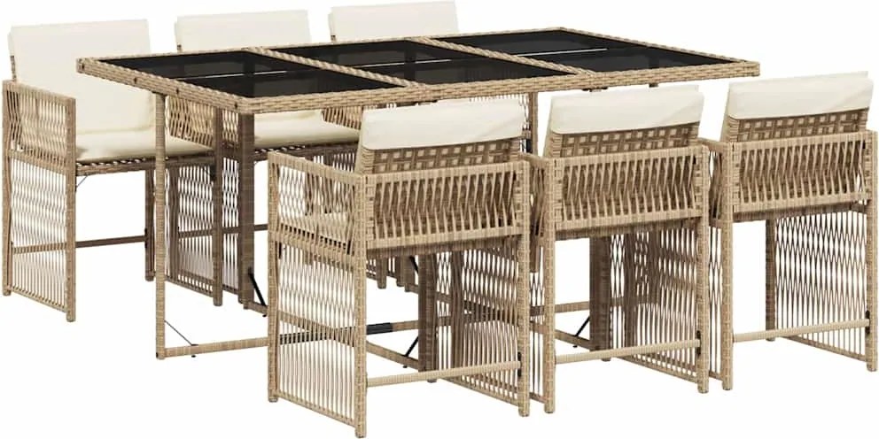 vidaXL Set de masă pentru grădină, 7 piese, cu perne, bej, poliratan