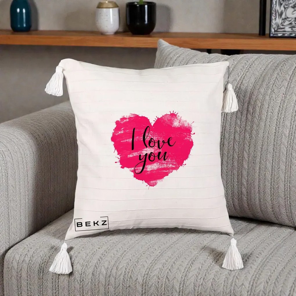 Cadou Romantic - Perna Personalizata I Love You Inima Roz, 40x40 cm, Bej cu Franjuri, Husa Detasabila, Perna Inclusa, BEKZ®