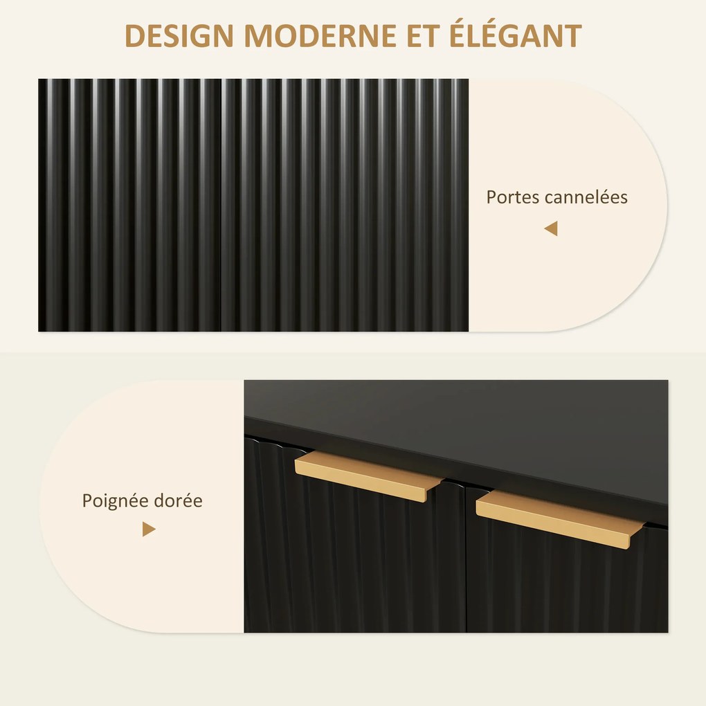 HOMCOM Bufet salon mobilier de depozitare stil modern cu dulap cu 2 uși canelate, raft ajustabil, picioare metalice, negru | Aosom Romania