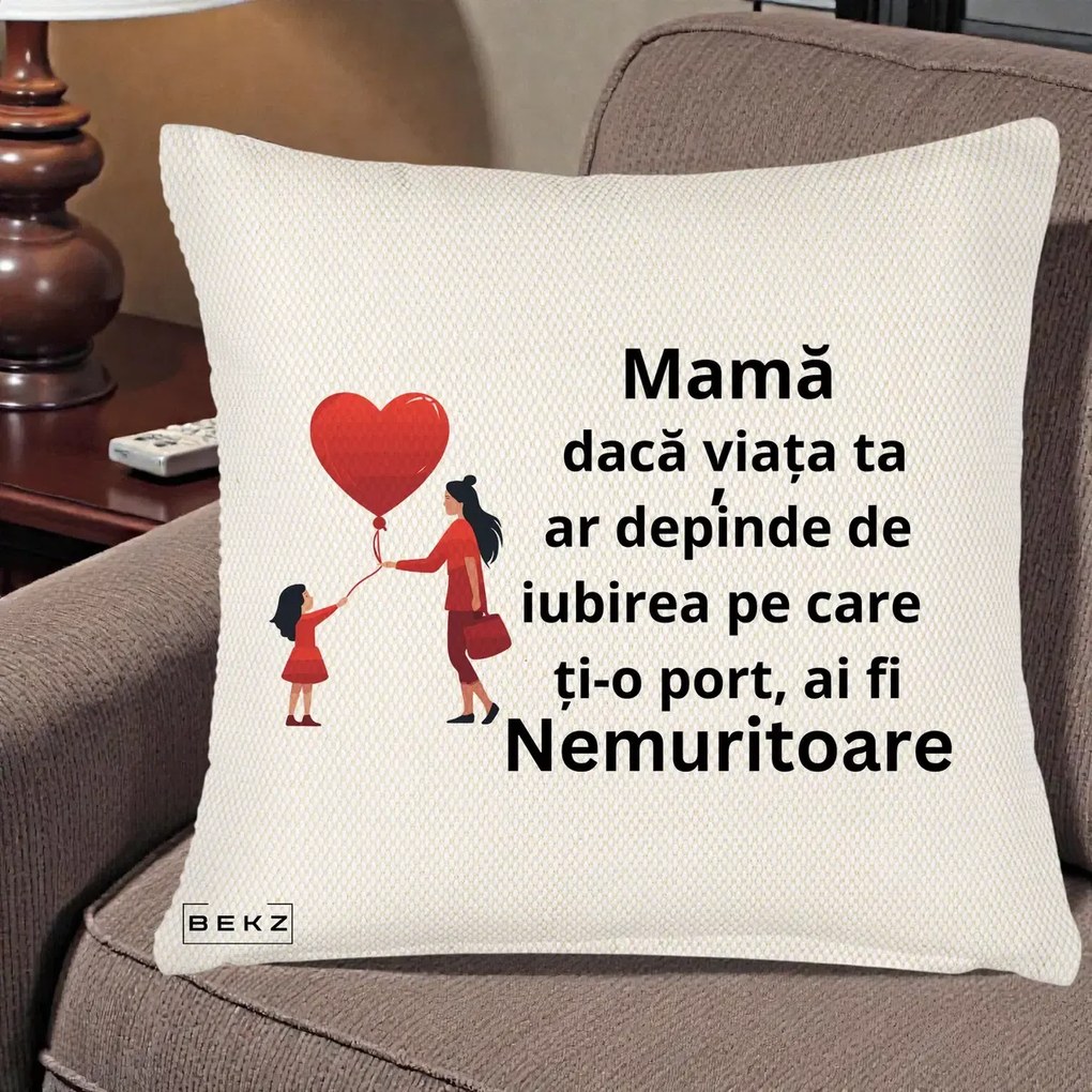 Cadou pentru Mama - Perna Personalizata Mama Nemuritoare cu Bebelus Kawaii, 40x40 cm, Crem Reliefat, Husa Detasabila, Perna Inclusa, BEKZ®