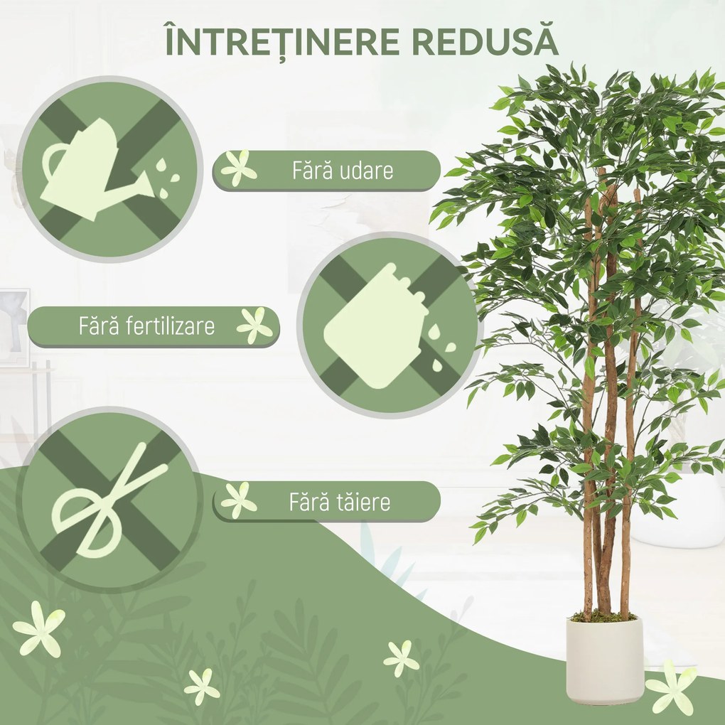 HOMCOM Plantă artificială Ficus Banyan din PEVA și lemn, cu ramuri flexibile și ghiveci din PP și ciment | Aosom Romania