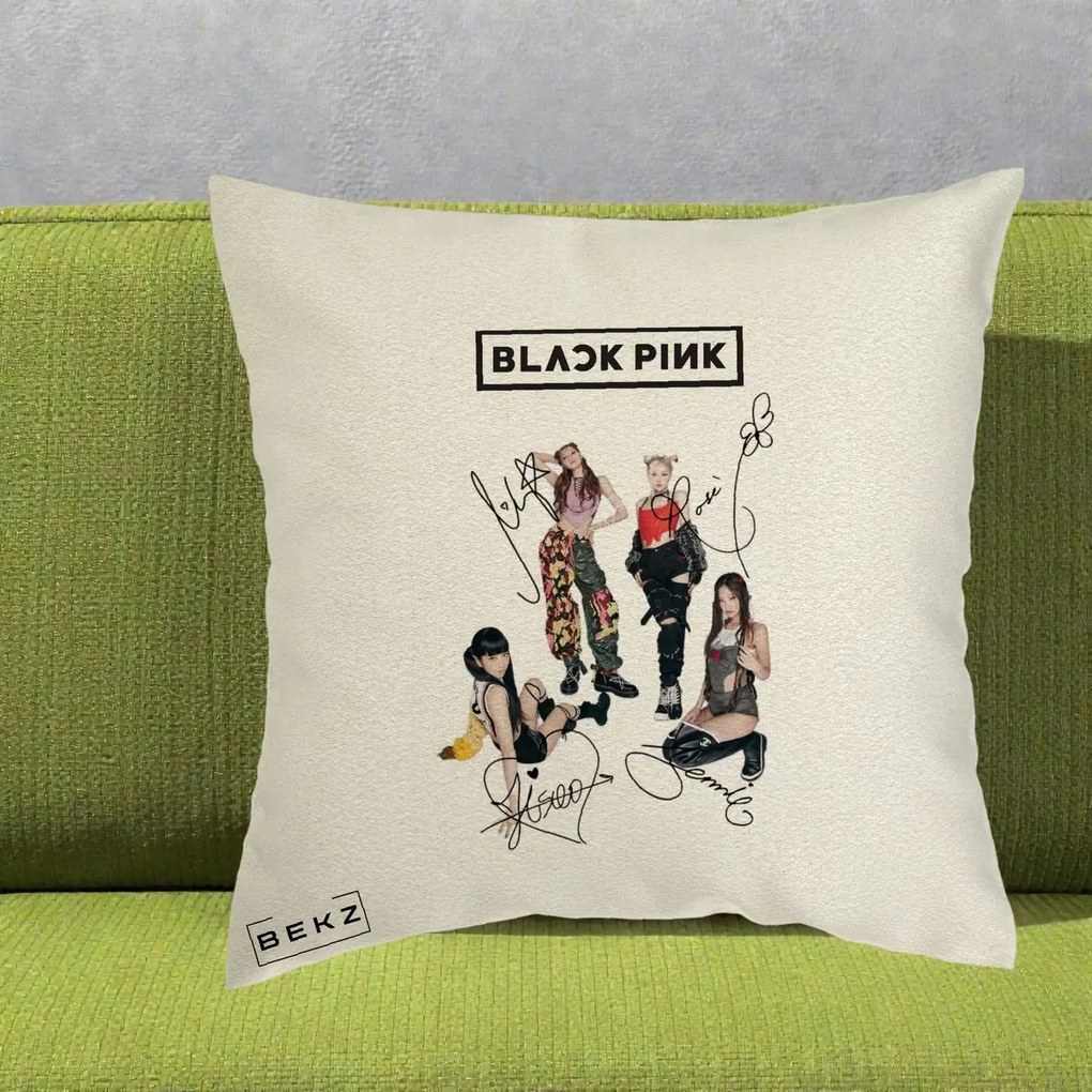 Perna Personalizata K-pop BLACKPINK Fotografie Grup Autografe Toate Membre, 40x40 cm, Ecru, Husa Detasabila, Perna Inclusa, BEKZ®