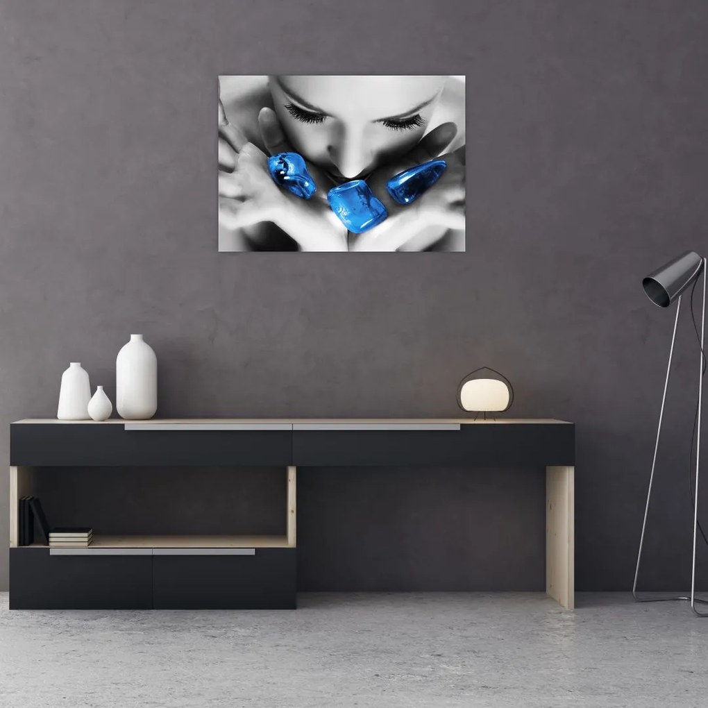 Tablou pe sticlă cu portretul femeii cu pietre (70x50 cm)